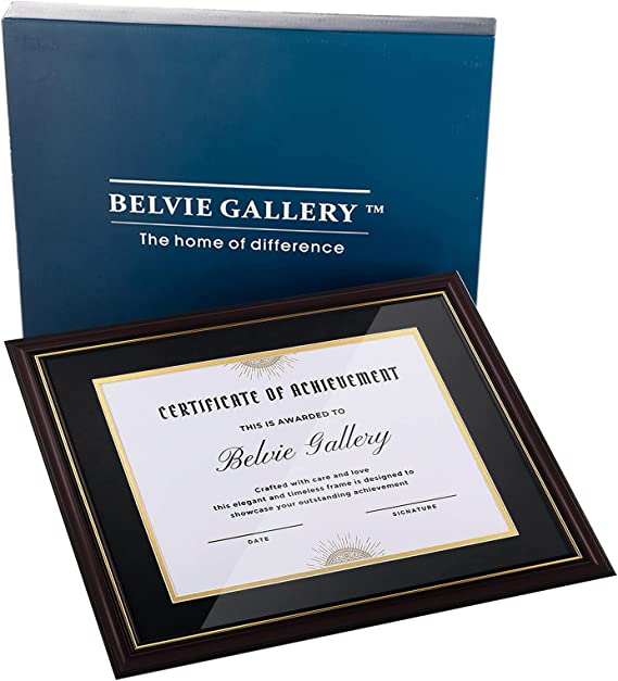 Photo 1 of BELVIE GALLERY college diploma frame ideal for 8.5 x 11 certificate with mat or 11x14 without mat. Mahogany wooden look with UV-resistant acrylic glass to protect your valuable degree
