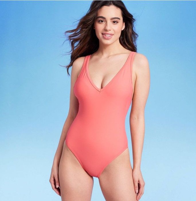 Photo 1 of 
Women's V-Neck Over the Shoulder High Leg One Piece Swimsuit - Kona Sol™ Peach Orange size M (2 Pieces )