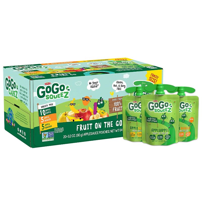 Photo 1 of GoGo squeeZ Applesauce, Variety Pack (Apple/Banana/Mango), 3.2 Ounce (20 Pouches), Gluten Free, Vegan Friendly, Unsweetened, Recloseable, BPA Free Pouches ( 10/06/2022)
