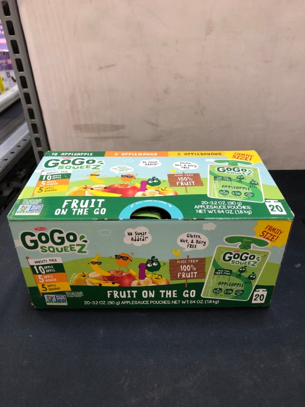 Photo 2 of GoGo squeeZ Applesauce, Variety Pack (Apple/Banana/Mango), 3.2 Ounce (20 Pouches), Gluten Free, Vegan Friendly, Unsweetened, Recloseable, BPA Free Pouches ( 10/06/2022)
