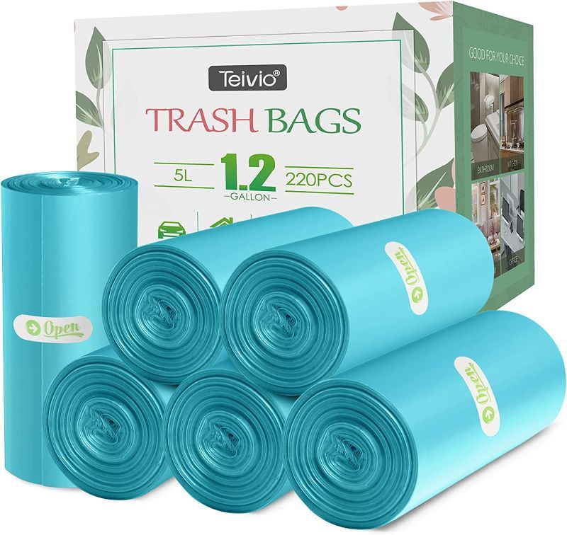 Photo 1 of 220 Counts Strong Trash Bags Garbage Bags by Teivio, Bin Liners, for home office kitchen, (Cyan, 1.2 Gallon)
