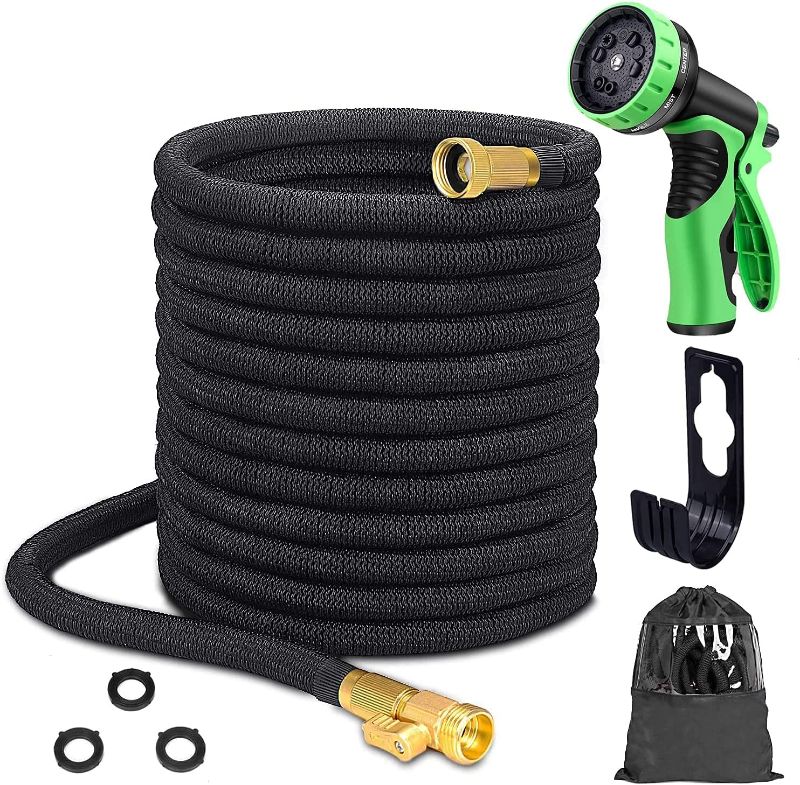 Photo 1 of 100 ft Garden Hose Expandable Water Hose, Flex Water Hose 100ft with 10 Function Zinc Nozzle, Solid Brass Fittings, Extra Strength Fabric 3750D, Lightweight Flexible Yard Hose for Watering
