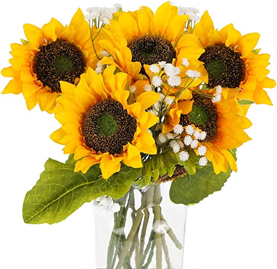 Photo 1 of Bloomst 7PCS Artificial Sunflowers, Fake Sunflowers with 3PCS Artificial Gypsophila, Faux Silk Sunflower Decoration for Thanksgiving Home Party Wedding Decor
