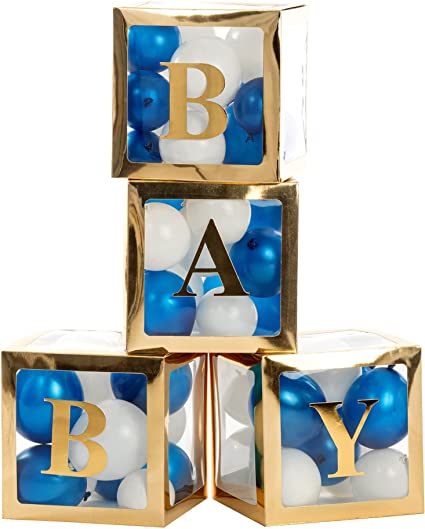 Photo 1 of Gold Baby Boxes with Letters for Baby Shower, 4 pcs Baby Block Box for Gender Reveal Party Supplies, Transparent Balloon Boxes Blocks for Birthday Party Decorations Backdrop
