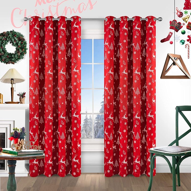 Photo 1 of (2 Panels) Voday 52X95 Inch Red Christmas Window Curtains - Heavy Duty Christmas Curtain Panels - Xmas Silver Matt Grommets Holiday Room Darkening Blackout Curtains for Living Room, Bedroom, Kid Room
