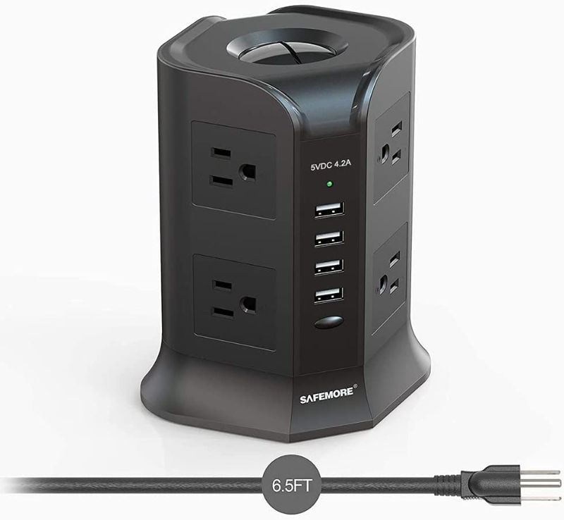 Photo 1 of Power Strip Tower SAFEMORE Smart 8-Outlet 4-USB Surge Protector Desktop Power Plug Electrical Charging Station with 6.5ft Long Extension Cord with 4.2A USB for Home Office(Black)