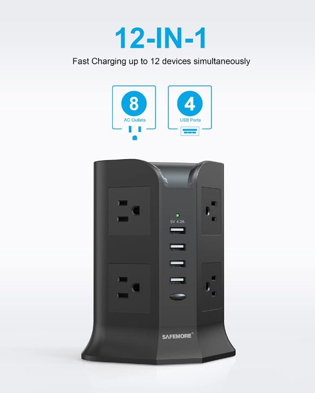 Photo 2 of Power Strip Tower SAFEMORE Smart 8-Outlet 4-USB Surge Protector Desktop Power Plug Electrical Charging Station with 6.5ft Long Extension Cord with 4.2A USB for Home Office(Black)