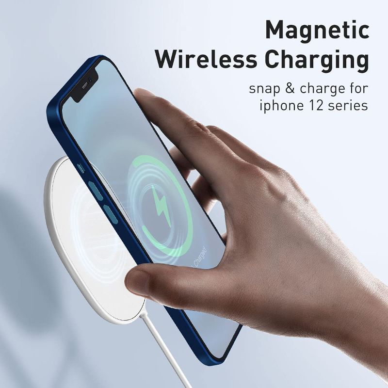 Photo 3 of Baseus Magnetic Wireless Charger, 15W Fast Charging Pad Compatible with MagSafe Wireless Charger for iPhone 13/13 Mini/13Pro/13Pro max/iPhone 12/12 Mini/12Pro max (White)