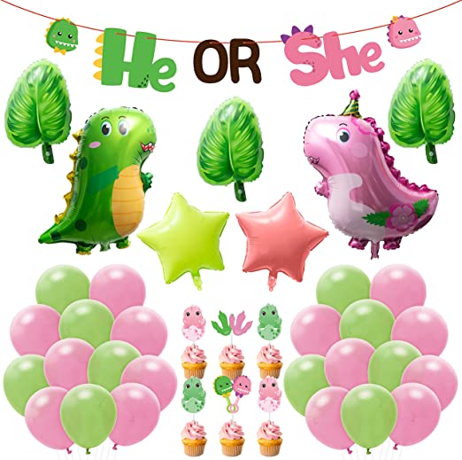 Photo 1 of 35Pcs Pink Dinosaur Party Decorations Includes Dinosaur Balloons He or She Banner Dino Cupcake Topper Luau Leaf Shaped Foil Balloons Dino Gender Reveal Baby Shower Decor Supplies for Boys Girls