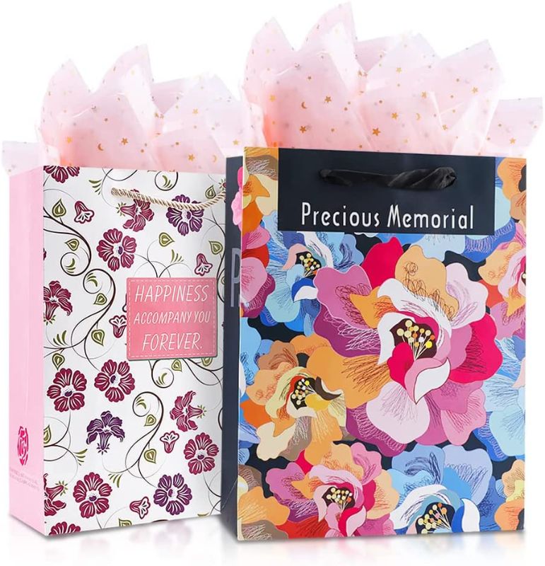 Photo 1 of 2Pcs Medium Gift Bag Vintage Floral Pattern Gift Bag with Tissue Paper 12.5*9.8*3.9inch, for Birthdays, Baby Showers, New Parents, Mother's Day, Bridal Showers, Retirements, Anniversaries, Engagements