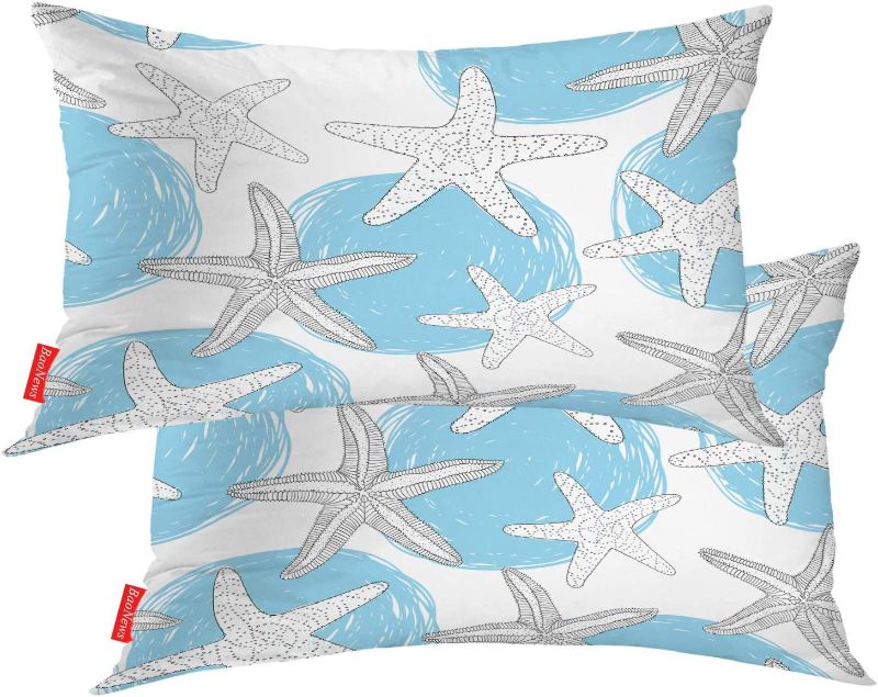 Photo 1 of BaoNews Coastal Nautical Decorative Pillow Covers, Circles and Starfish Blue and White Marine Theme Pillow Covers 12X20 Inch Cotton Lumbar Cushion Decorative Pillow Case for Sofa Bed