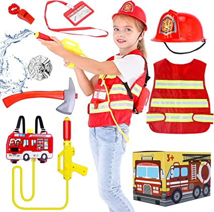 Photo 1 of 
Kids Fireman Costume set Hodola 7 Pieces Firefighter Dress up Set for Kids Includes Fireman Vest, Helmet, Backpack Water Gun and Accessories