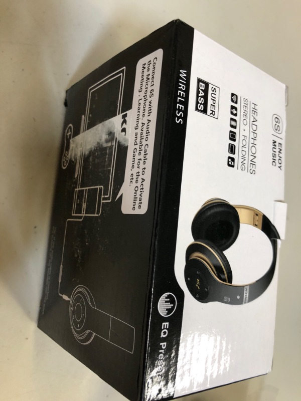 Photo 2 of 6S Wireless Bluetooth Headphones Over Ear, Hi-Fi Stereo Foldable Wireless Stereo Headsets Earbuds with Built-in Mic, Volume Control, FM for Phone/PC (Black & Gold)