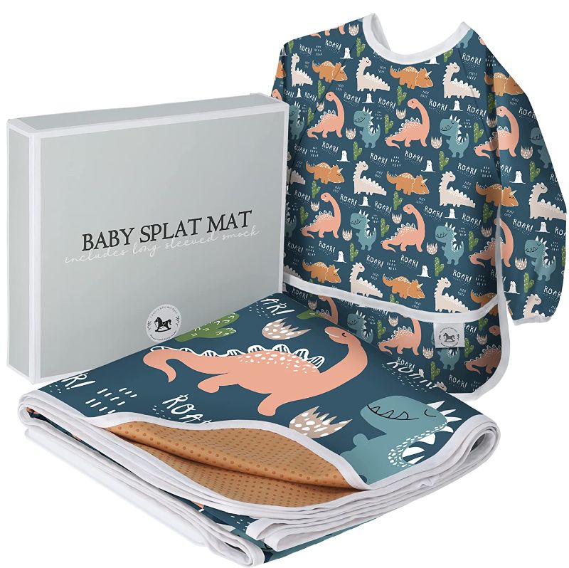 Photo 1 of Baby Splat Mat for Under High Chair Floor Mat - Splash Mat, Waterproof Floor Mat - Anti Slip, Washable, Extra Large (51 Inch) + Baby Bib with Sleeves - Dinosaur