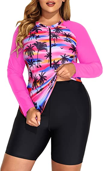 Photo 1 of Daci Women 2 Piece Plus Size Long Sleeve Rash Guard Bathing Suit Zip Front Athletic Boy Shorts Tankini Swimsuits UPF 50 SIZE 20 PLUS SIZE 