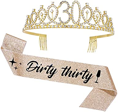 Photo 1 of 30th Birthday Sash & Tiara Set, Happy Birthday Decorations for Women, 30th Birthday Gifts for Her, Happy Dirty 30 Birthday crown, Supplies (Gold" Dirty Thirty")