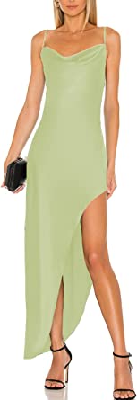 Photo 1 of Aigeman Elegant Satin Spaghetti Straps Evening Cocktail Dress Backless Cowl Neck Irregular Hem Maxi Dress, Size Medium 