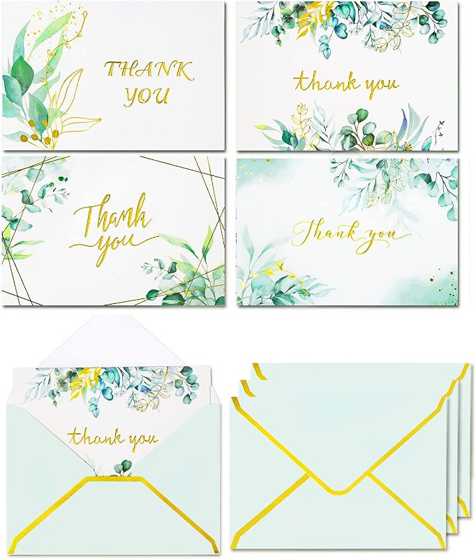 Photo 1 of 100 Pack Greenery Thank You Cards, 4x6 Gold Foil