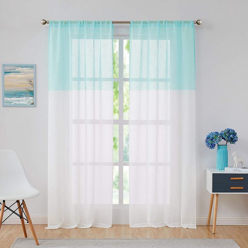 Photo 1 of  Spa Blue and White Stripe Sheer Color Block Window Curtain Panel Pairs  54 inches Long, 2 Panel 
