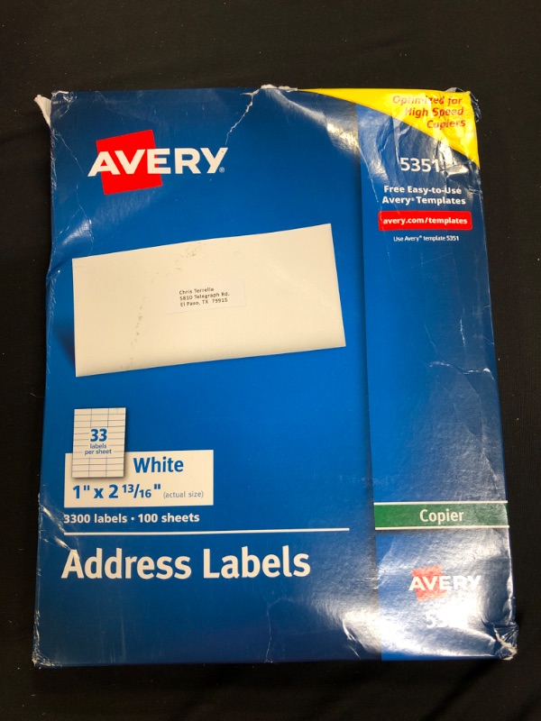 Photo 2 of Avery Address Labels for Copiers 1" x 2-13/16", Box of 3,300 (5351)-----FACTORY SEALED