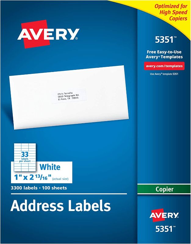 Photo 1 of Avery Address Labels for Copiers 1" x 2-13/16", Box of 3,300 (5351)-----FACTORY SEALED