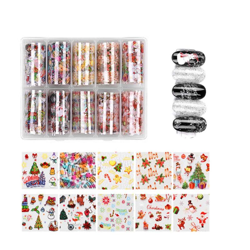 Photo 1 of 10 Rolls/Box Christmas Nail Art Holographic Stickers Nail Salon DIY Decoration Accessories (Christmas Tree Snowman)
