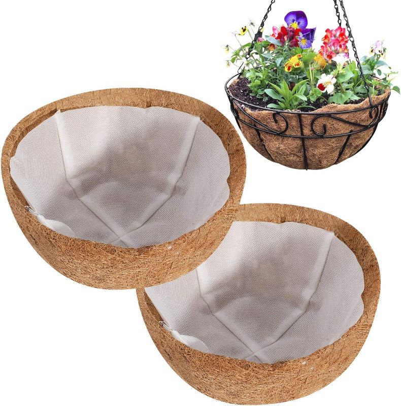 Photo 1 of 2 Pack 10 Inch Coco Liners for Planter Hanging Basket with Non-Woven Fabric Lining Replacement Coconut Coir Fiber Lining Nonwoven Cloth Lining for Reduce Leakage of Soil and Water