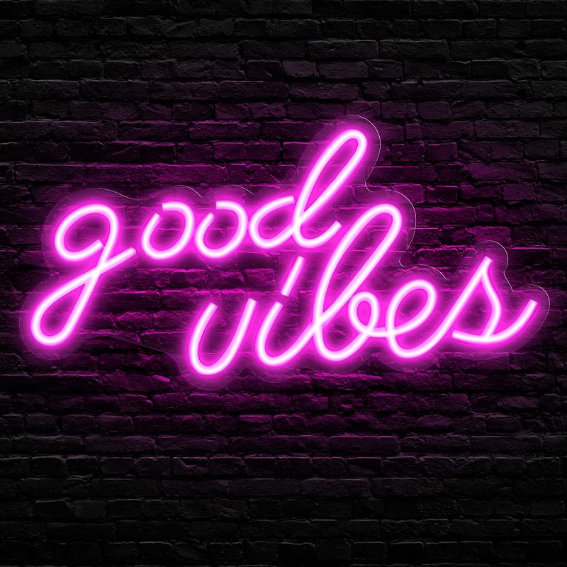 Photo 1 of Olekki Pink Good Vibes Neon Sign - Neon Lights for Bedroom, LED Neon Signs for Wall Decor (16.1 x 8.3 inch)
