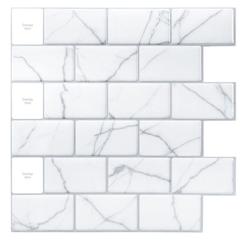 Photo 1 of 10-Sheet White Marble Design Backsplash Tiles for Kitchens Peel and Stick, Stick on backsplash Wall Tiles, 12"x12"
