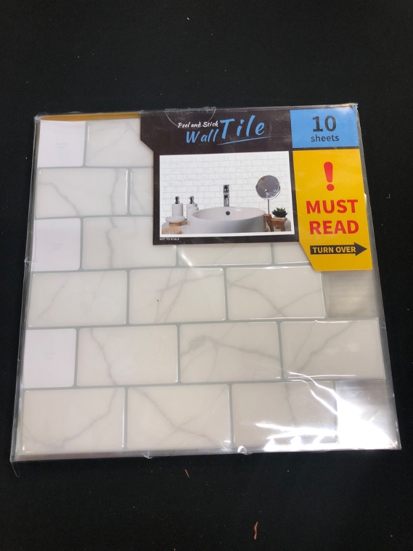 Photo 2 of 10-Sheet White Marble Design Backsplash Tiles for Kitchens Peel and Stick, Stick on backsplash Wall Tiles, 12"x12"
