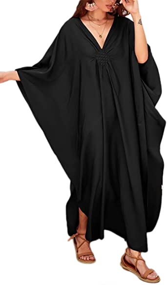 Photo 1 of Bsubseach Women Solid Color Cover Up V Neck Batwing Sleeve Plus Size Beach Kaftan Dresses
