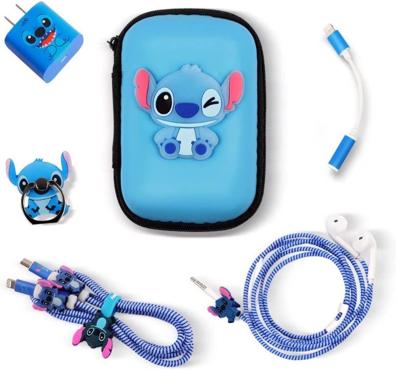 Photo 1 of DIY Protector Stitch Set,Data Cable 20W USB Charger Data Line Earphone Cartoon Decoration Wire Saver Protector Compatible for iPhone 11 12 13 Plus Max Series (Stitch)