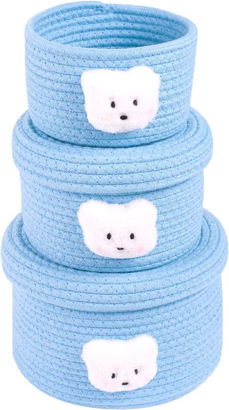 Photo 1 of LixinJu Small Woven Baskets with Lid Small Storage Basket with Lids Set Of 3 Puppy Cotton Rope Basket for Organizing Round Lidded Basket for Shelves Baby Nursery Covered Storage Bins Decorative for Kids Toy Gift Blue