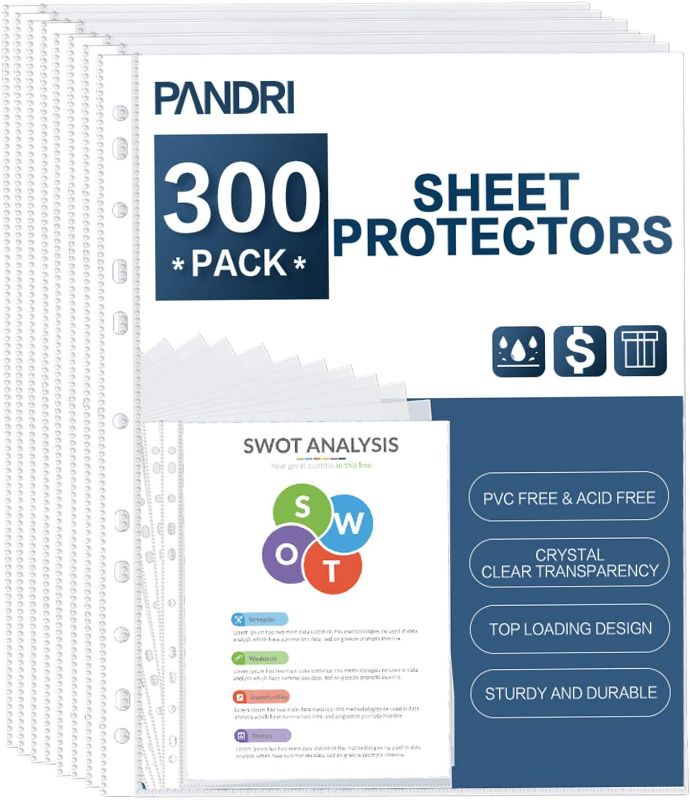Photo 1 of Sheet Protectors, PANDRI 300 Pack Clear Heavy Duty Plastic Page Protectors Sheet Reinforced 11-Hole Fit for 3 Ring Binder Fits Standard 8.5 x 11 Paper, 9.25 x 11.25 Top Loaded, Acid Free