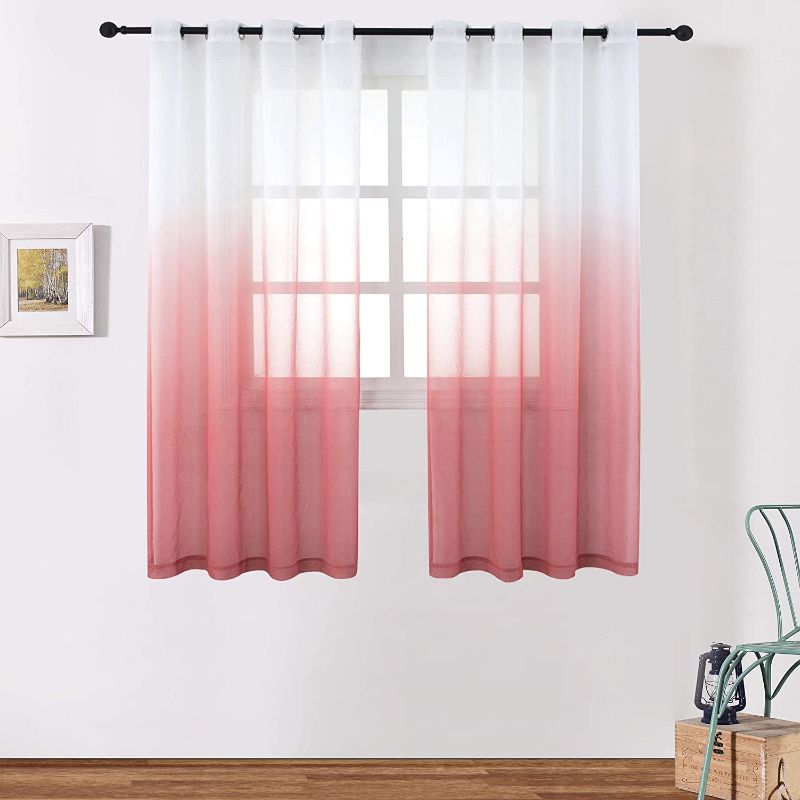 Photo 1 of BERMINO Faux Linen Ombre Sheer Curtains Voile Grommet Semi Sheer Curtains for Bedroom Living Room Set of 2 Curtain Panels 54 x 63 inch Pink Gradient