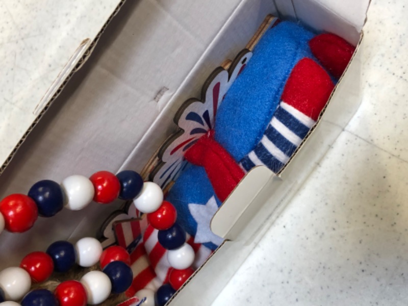 Photo 3 of 4th of July Decorations Tiered Tray Decor, Patriot Decorations with Gnomes Memorial Day Decorations Wooden Signs Red White and Blue Bead Garland, Farmhouse Tiered Tray Decorations (Tray Not Included)
