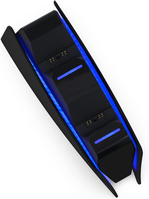 Photo 1 of Black Charging Station with Blue Light Bar for PS5 Midnight Black Controllers, Playstation 5 Black Controller Charger
