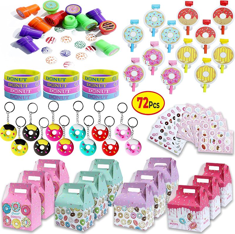 Photo 1 of 72 Pcs Donut Party Favors, Donut Birthday Supplies - 12 Sets of Stampers Keychain Blow out Stickers Wristband for Boy Girl Sweet Doughnut Birthday Party Gift Treat Box Pinata Goodie Bag Fillers
