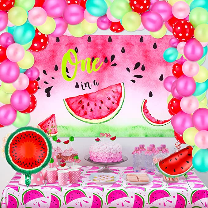 Photo 1 of 67 Packs Watermelon Party Supplies Include Watermelon Backdrop Disposable Watermelon Party Tablecloth Colorful Glossy Balloons Polka Dot Balloons Watermelon Balloons Cupcake Toppers for Kids Birthday
