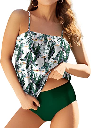 Photo 1 of Chenghe Women's Bandeau Blouson Tankini Top High Waisted Moderate Bottom Two Piece Swimsuits Bathing Suits
