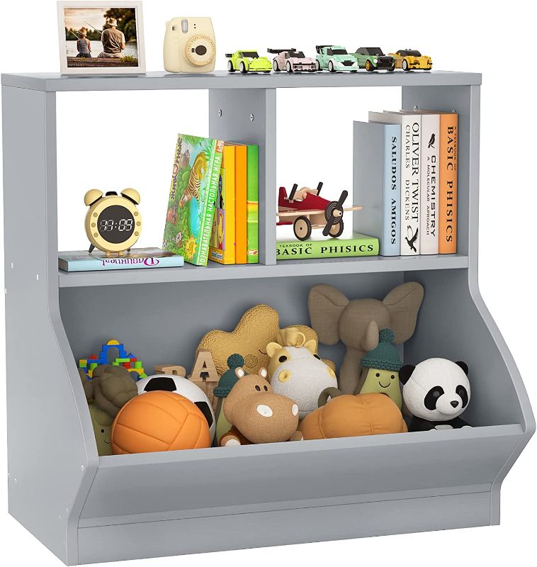 Photo 1 of Aheaplus Toy Storage Organizer with Bookcase, 3 Cubby Bookshelf Toy Storage Cabinet, Open Multi-Bins Toys&Books Storage Display Organizer for Playroom, Bedroom, Nursery, School, Grey
