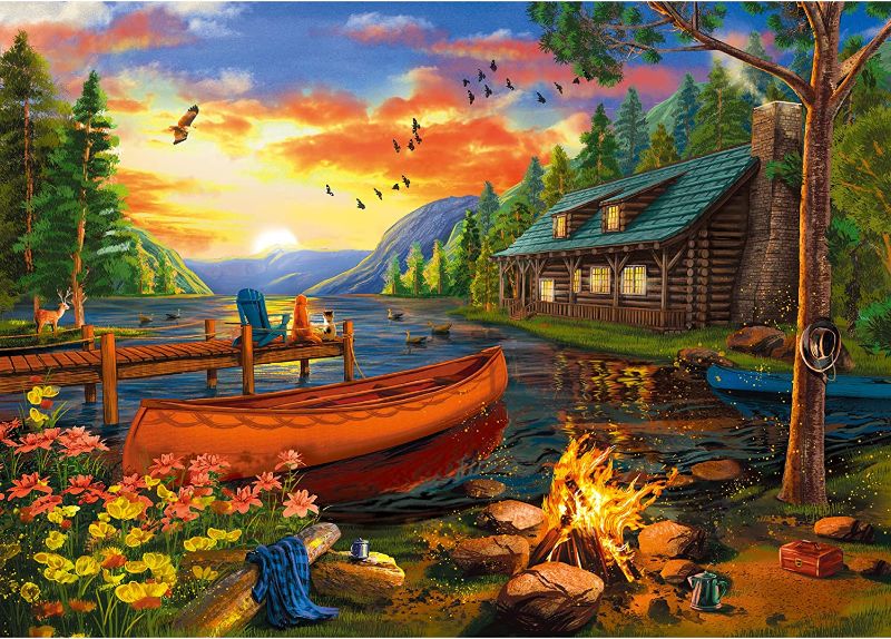 Photo 1 of 1000 Pieces Jigsaw Puzzle - The Cozy Cabin Holiday Scene - Cottage with Cat and Dog - Cabin Evening Sunset and Many Details - Come with 1:1 Poster
