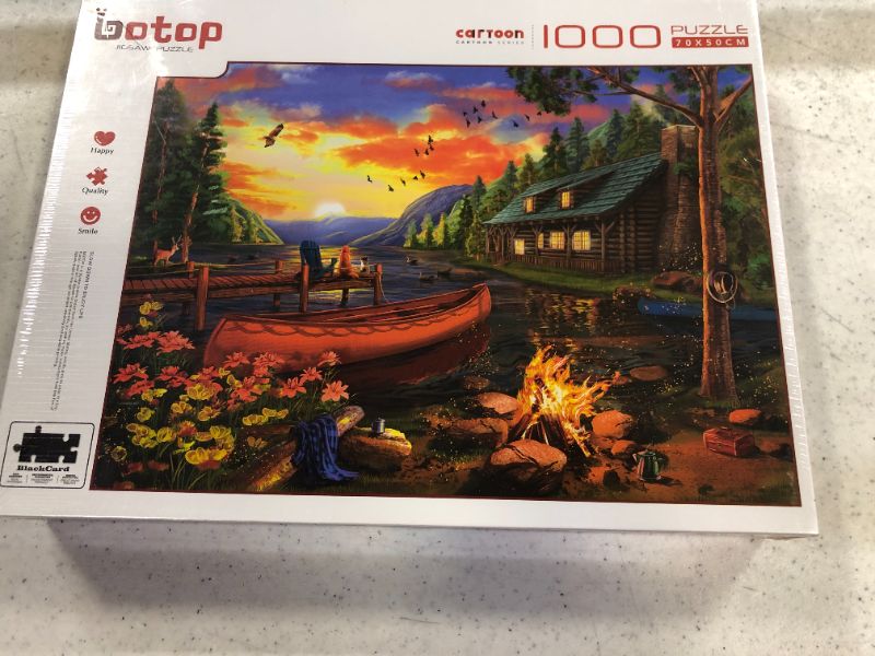 Photo 2 of 1000 Pieces Jigsaw Puzzle - The Cozy Cabin Holiday Scene - Cottage with Cat and Dog - Cabin Evening Sunset and Many Details - Come with 1:1 Poster
