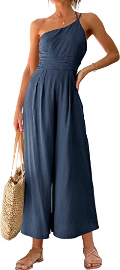 Photo 1 of ANRABESS Women's Summer Straps One Shoulder Pleated High Waist Casual Wide Leg Jumpsuit Romper with Pockets size L