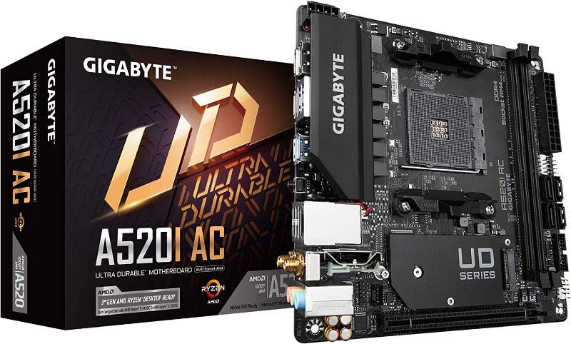 Photo 1 of Gigabyte A520I AC (AMD Ryzen AM4/Mini-ITX/Direct 6 Phases Digital PWM with 55A DrMOS/Gaming GbE LAN/Intel WiFi+Bluetooth/NVMe PCIe 3.0 x4 M.2/3 Display Interfaces/Q-Flash Plus/Motherboard)
