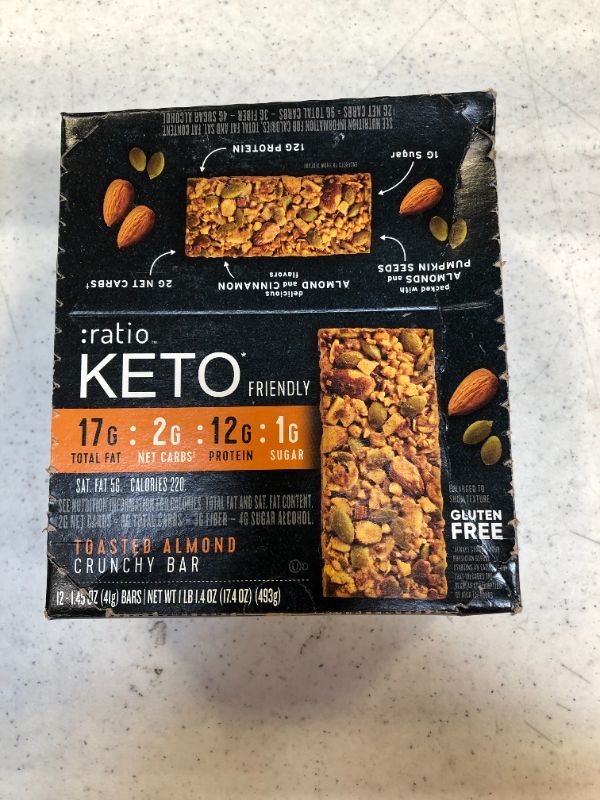 Photo 2 of :ratio KETO Friendly Crunchy Bars, Toasted Almond, Gluten Free Snack, 1.45 oz, 12 ct--expires 19 sep 2022

