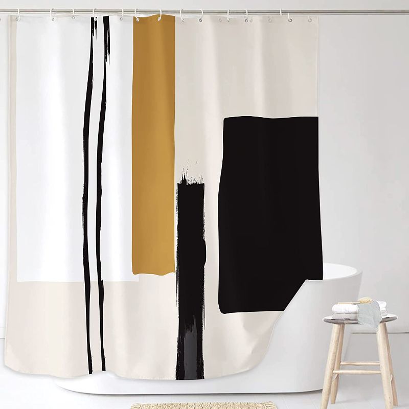 Photo 1 of Abstract Geometric Neutral Bathroom Shower Curtain Black Beige Painting Minimalist Modern Tan Contemporary 60W by 71H Inch Polyester Fabric 12 Plastic Hooks Waterproof Decor

