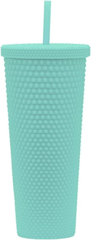 Photo 1 of 24oz Fully Studded Tumblers.Matte Seafoam Tumblers with Lids and Straws.Reusable Double Walled Insulated Travel Tumblers.Plastic Acrylic Pastel Colored Cups for Iced Coffee Smoothie.  -- Baby Blue --
