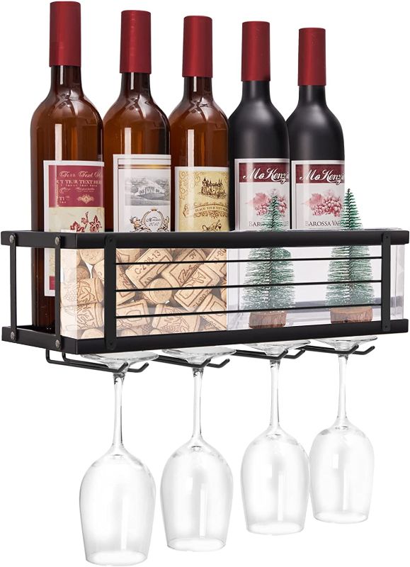 Photo 1 of  Wine Rack Wall Mounted with Glass Holder-Holds 5 Wine Bottles & 4 Stemware Glasses, Cork Storage, Metal Hanging Wine Bottle Holder Store Red White Champagne for Kitchen, Home & Bar - Uninstalled
