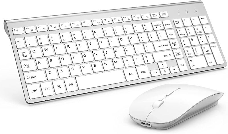 Photo 1 of Wireless Keyboard and Mouse Combo, Gamcatz Ultra Thin Full Size Keyboard with Number Pad and Rechargeable Slient Click Mouse for Mac iMac MacBook Air PC Laptop Tablet Computer Windows-Silver White
